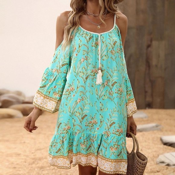 Mint Green Boho Womens Floral Print Cold Shoulder Tassel Trim Ruffle Hem Dress - Picture 5 of 5